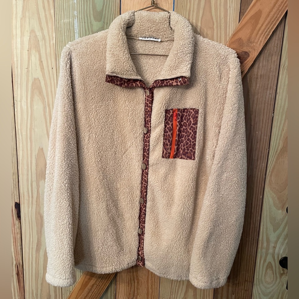Cream Teddy Jacket with Leopard Print Trim